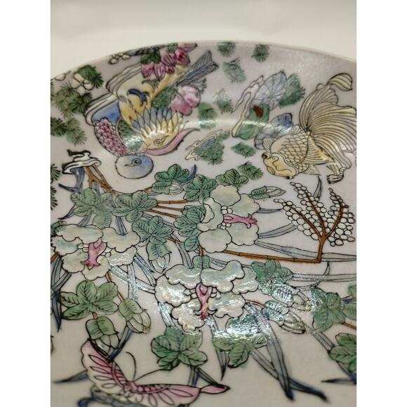 Vintage Floral Hand Painted Porcelain 7" Bowl - Dragonfly - Goldfish - Macau - Picture 4 of 7